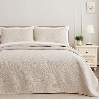 ExclusivoMezcla Queen Quilt Bedding Set - Lightweight Brich Beige All-Season Microfiber Quilt with Leaf Pattern, 3-Piece Full/Queen Size