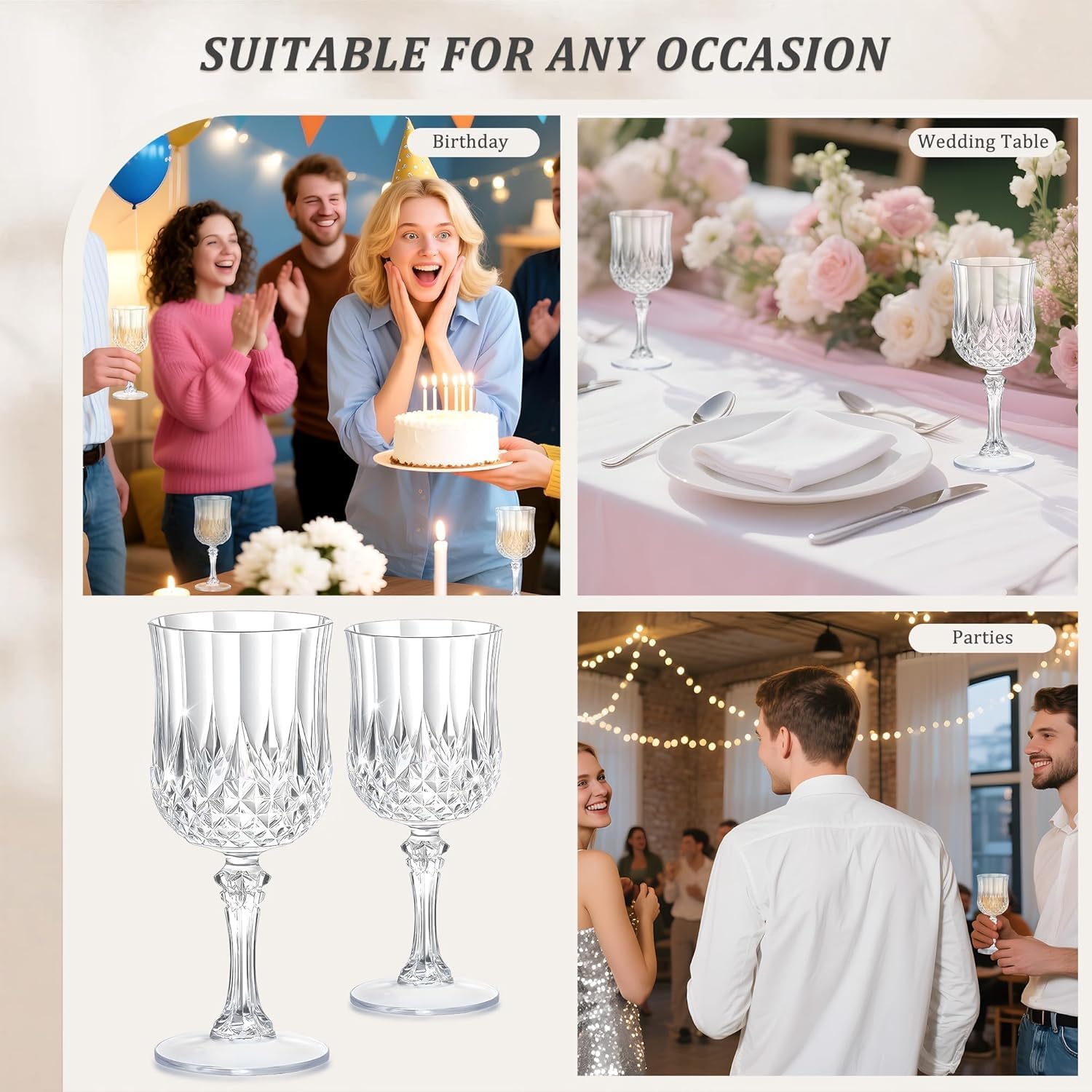 7OZ Plastic Wine Glasses, Reusable Vintage Goblets Unbreakable Drinking Glasses Crystal Water Cups Champagne for Wedding, Parties, Easter (100, Clear)