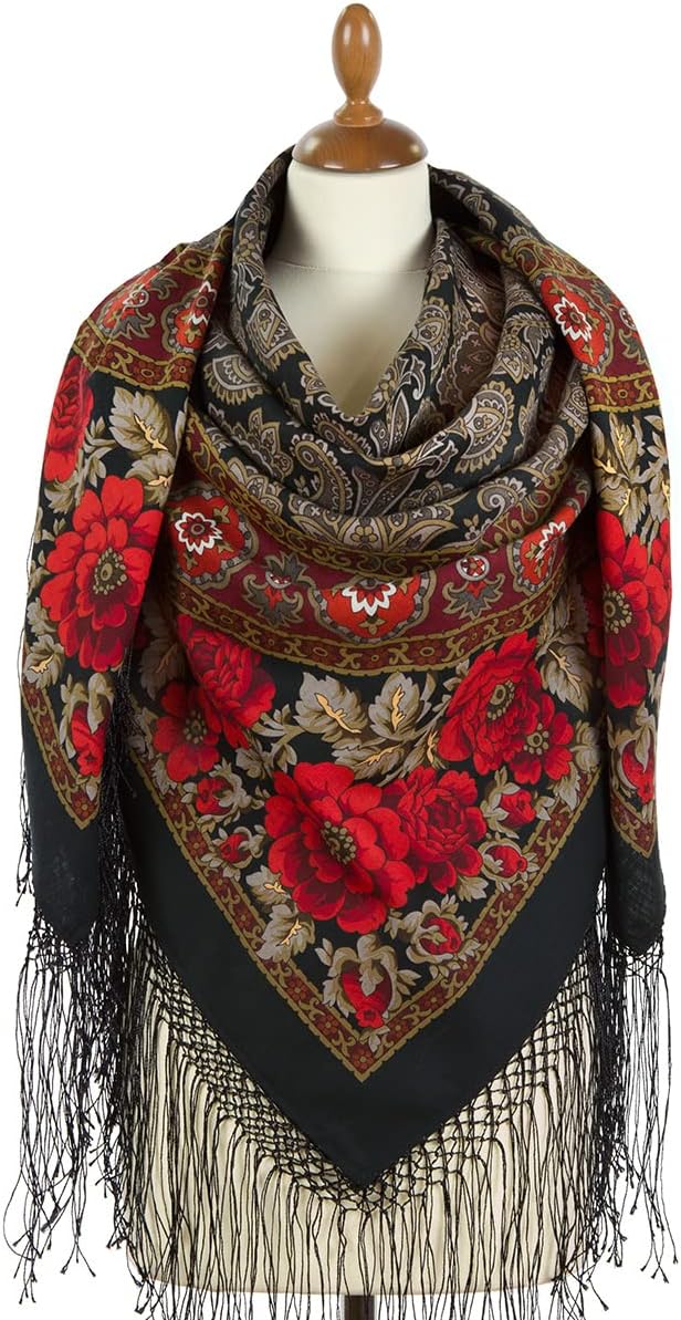 Collectible Exclusive Pavlovo Posad Russian Shawl 100% Wool 58x58 Pashmina Scarf 148x148 cm Huge Wrap silk tassels fringe 1976-14