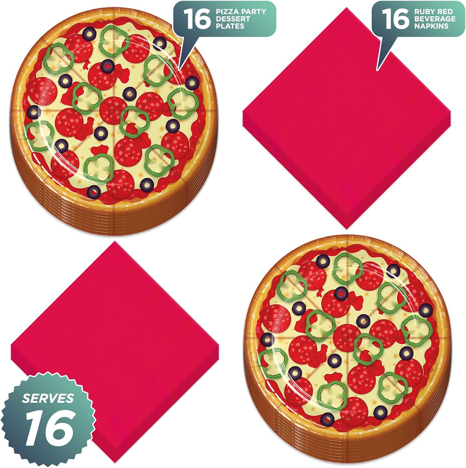 Pizza Party Round Paper Dessert Cake Plates and Beverage Napkins (Serves 16) - Pizza Party Celebration Theme Paper Tableware (Pack of 2)