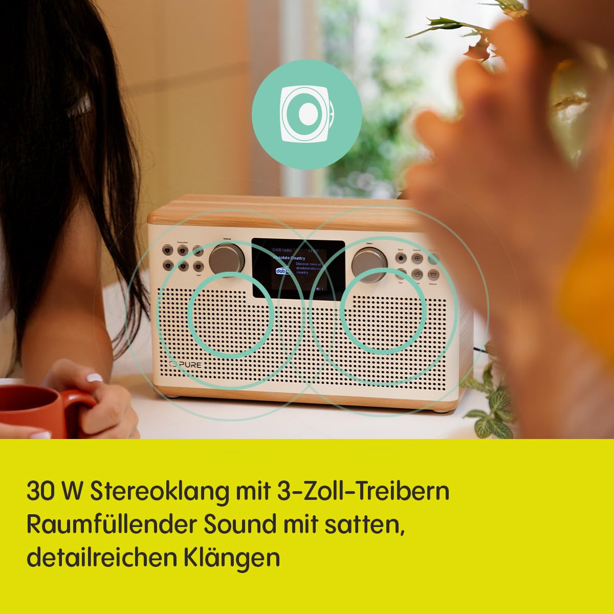 Pure Classic H6 Hi‑Fi Stereo‑Radio und Tisch‑Musikanlage mit DAB+ UKW Bluetooth 5.3 USB‑A & AUX 2,4" Farb‑TFT Fernbedienung Dual‑Wecker Schlaf‑ & Küchen‑Timer 2×15 W 80 Speicher – Baumwollweiß/Eiche