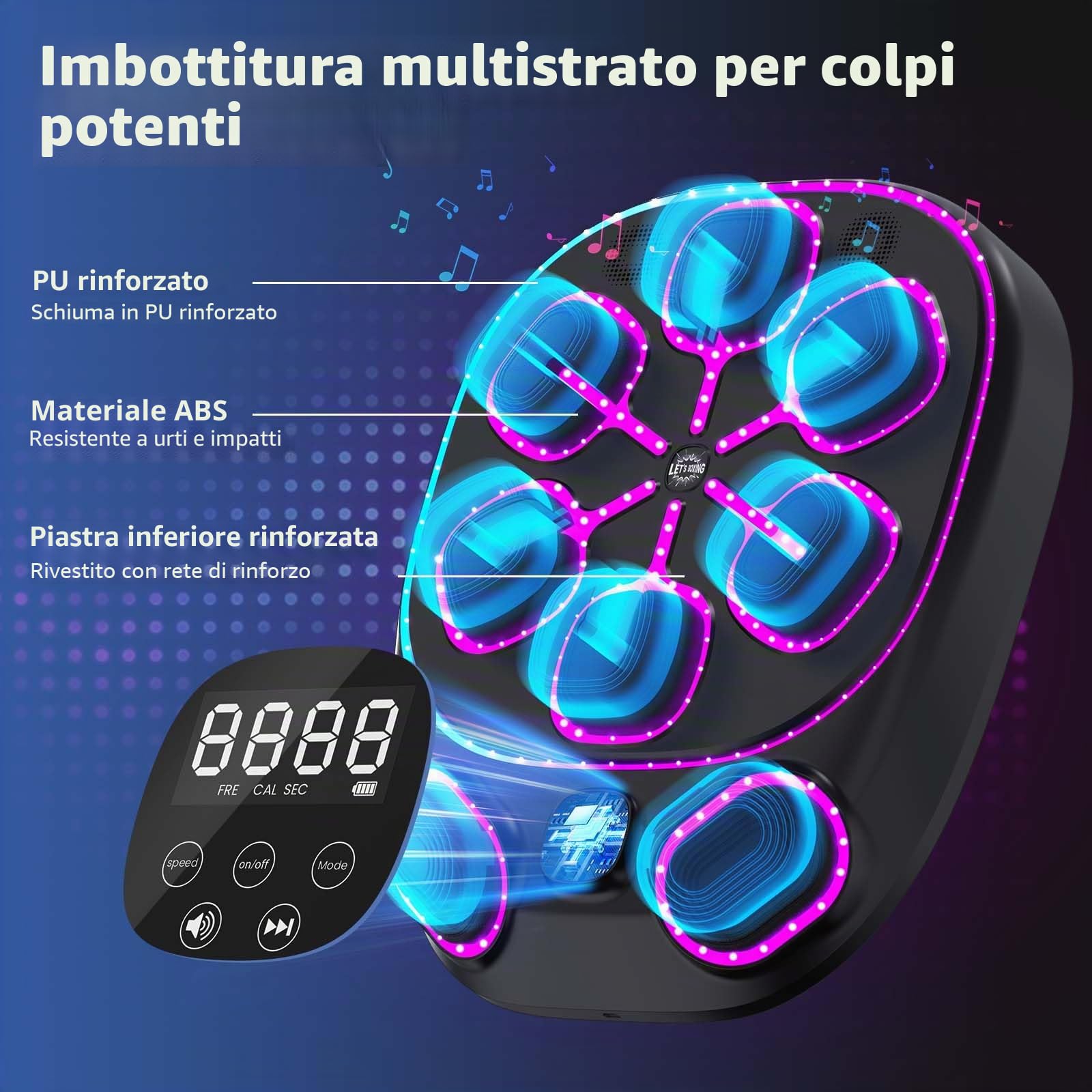 Macchina da Boxe Musicale con luci LED, Bluetooth, 9 modalità di velocità e Funzione di conteggio – Macchina da Boxe Elettronica per Bambini e Adulti – Boxe Musicale per casa e Palestra