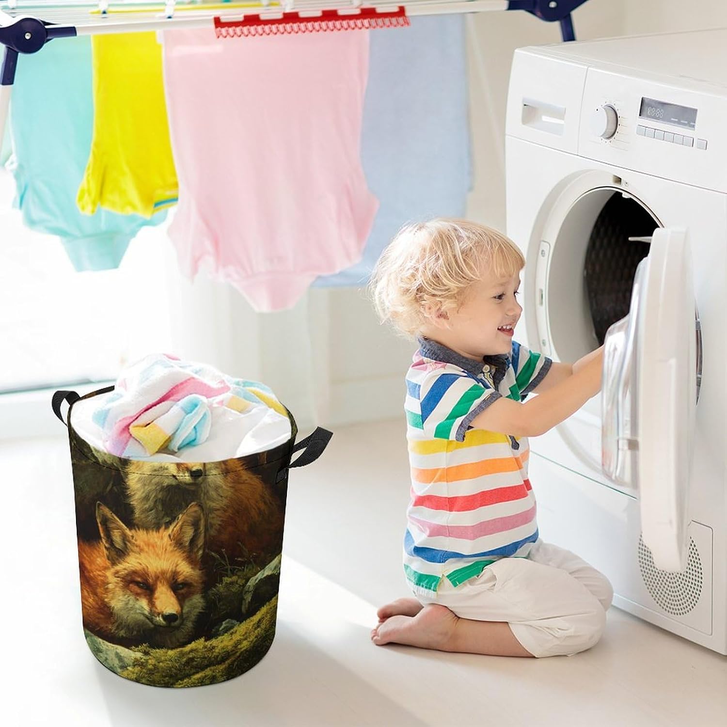 Foxes Forests Rocks Moss Laundry Hamper Basket for Home Bathroom | clothes storage,handle,large capacity,oxford