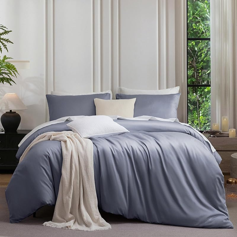 MooMee Queen Duvet Cover Set 100% Extra Long Staple Cotton Cooling Bedding | 600 Thread Count Sateen Breathable Soft Hotel Luxury Durable Comforter Covers for All Season,3 Pieces - Blueish Grey