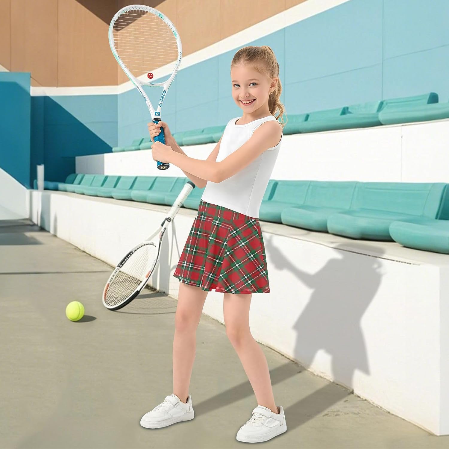 visesunny England-Style Plaid Girl's Golf Skirt Athletic Tennis Skort Sport Activewear with Double Layer Pockets