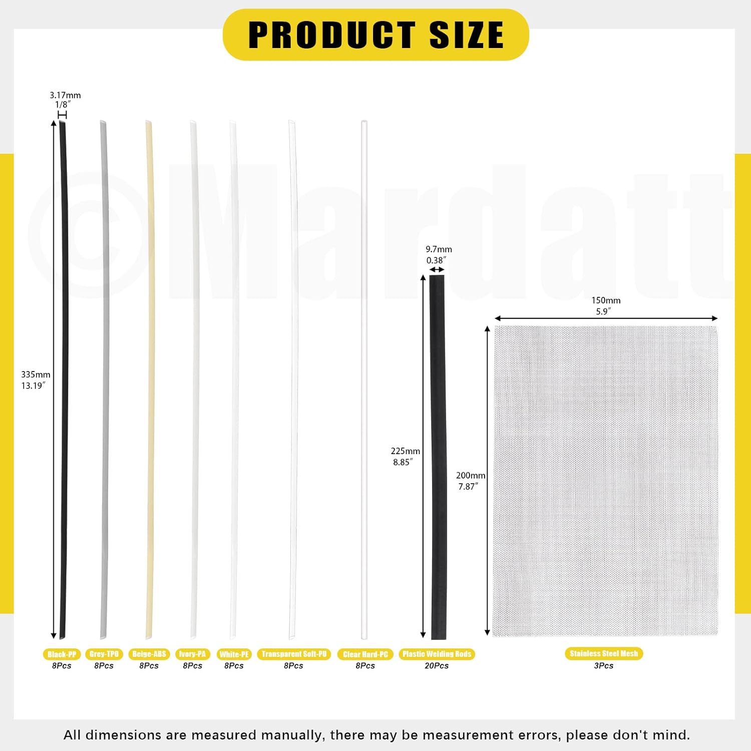 75Pcs 13" Plastic Welding Rods Assorted Set with Stainless Steel Mesh, 8 Types PP PU ABS PE TPO PA PC Plastic Welder Repair Rods Welding Strips for Auto Car Bumpers Kayak Repairs