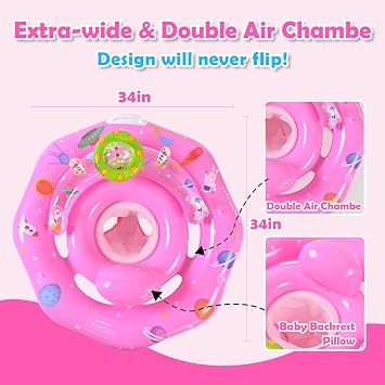 Baby Pool Float with Canopy UPF50+ Sun Protection, Inflatable Infant Pool Float with Adjustable Safety Seat & Toy Play Console,Baby Floatie for 6-36 Months Boys & Girls,Safety Handles & Leashes(Pink)