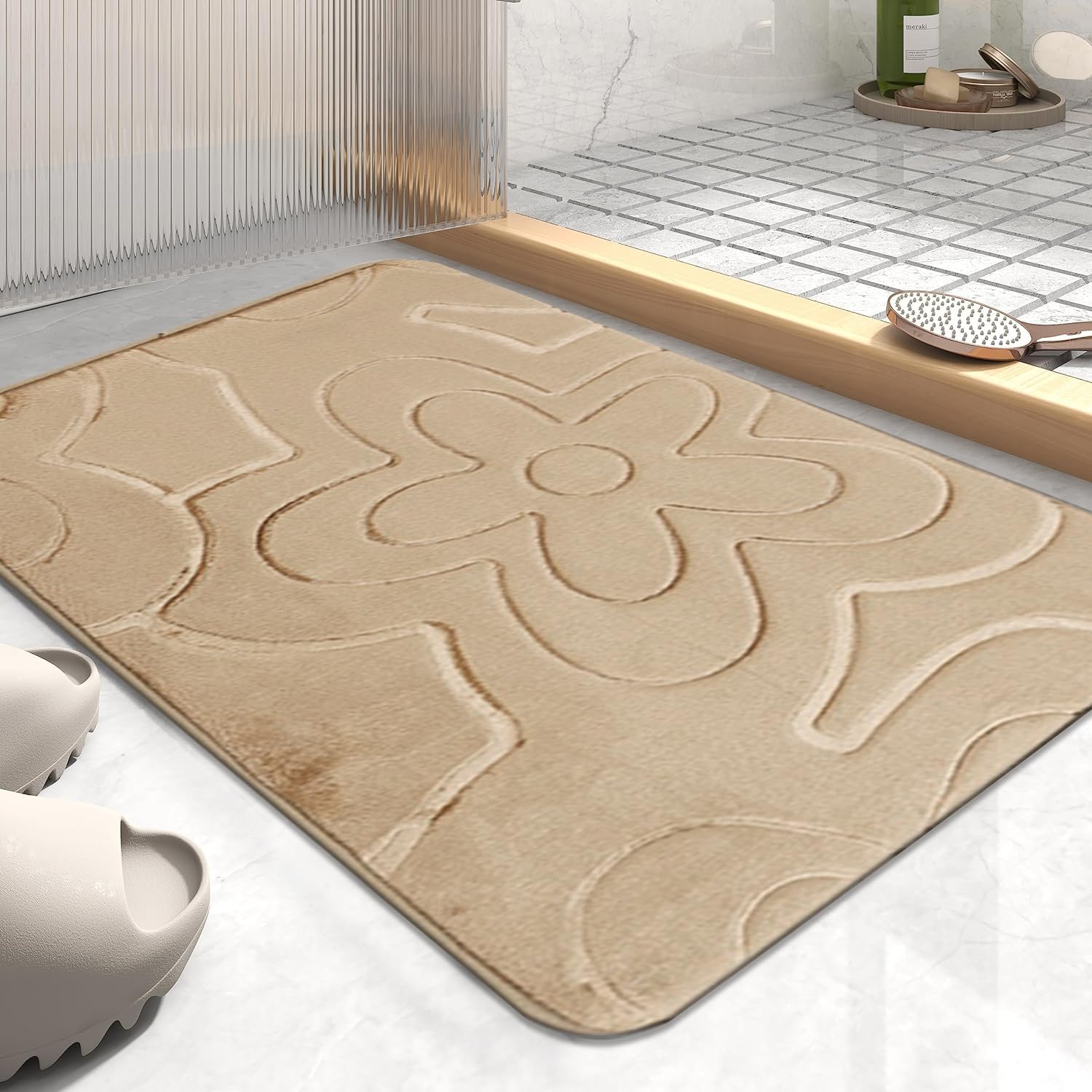 PHP Super Soft Memory Foam Mat - Anti Slip Bath Mat Modern Design Entryway Kitchen Mat Machine Washable Rug Bathroom Door Mat - Beige - 50 x 80 cm โ image 1