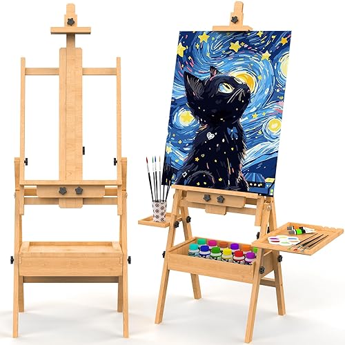 Solid Beech Wood H-Frame Easel, Large Painting Easel with Storage Box and Palette, Professional Foldable Studio Art Easel Stand with Signature Box for Adults, Holds Canvas Art up to 48"