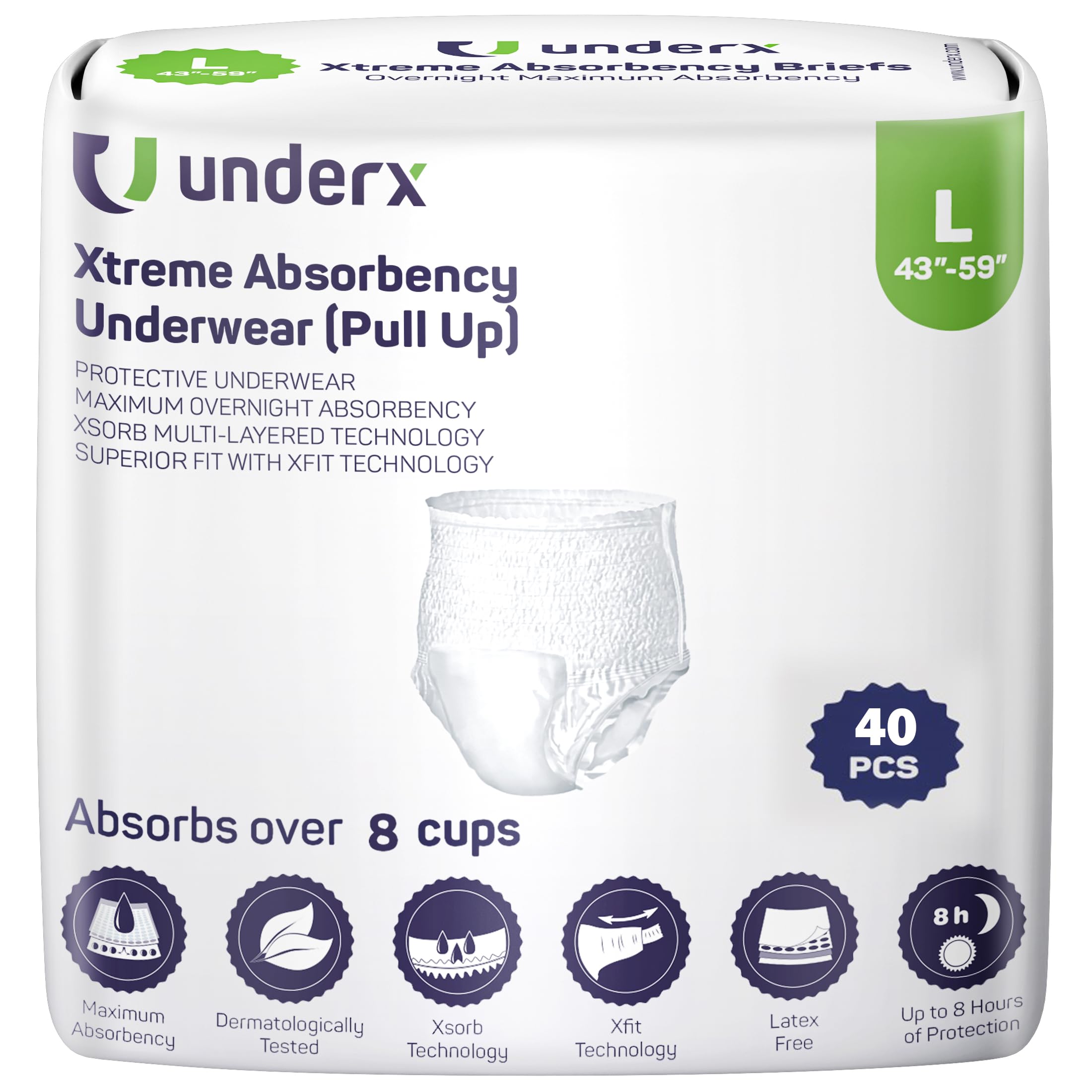 Photo 1 of UnderX Adult Disposable Incontinence Underwear – Maximum Absorbency Pull Ups, Overnight Leak Protection, 8 Cup Absorption, Soft Latex-Free, Odor Control, Easy Removal, Large, 40 Count