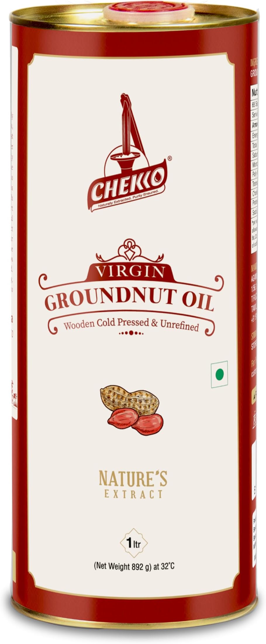 Chekko Cold Pressed Groundnut/Peanut Oil (Virgin, Kachi Ghani, Non GMO) | 100% Natural, Pure & Wood Pressed (1L - 33 Fl Oz) for Cooking