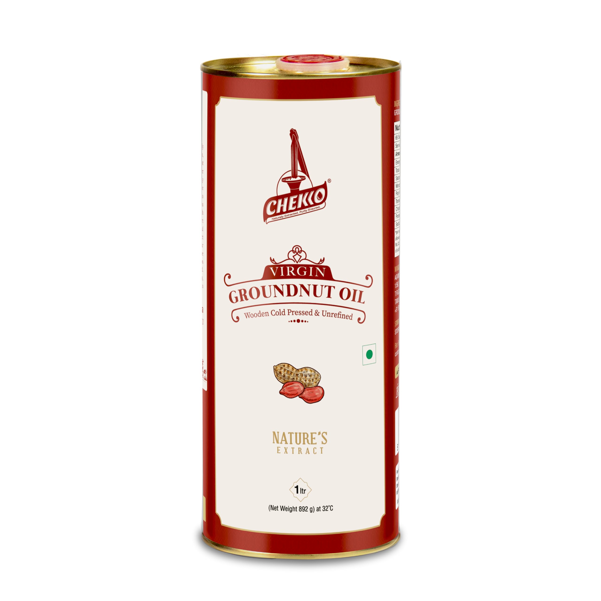 CHEKKO 100% Pure Cold-Pressed Peanut Oil (Groundnut Oil) 1 Liter (33 Fl Oz) – Natural Cooking Oil for Deep Frying, Roasting & Everyday Cooking.