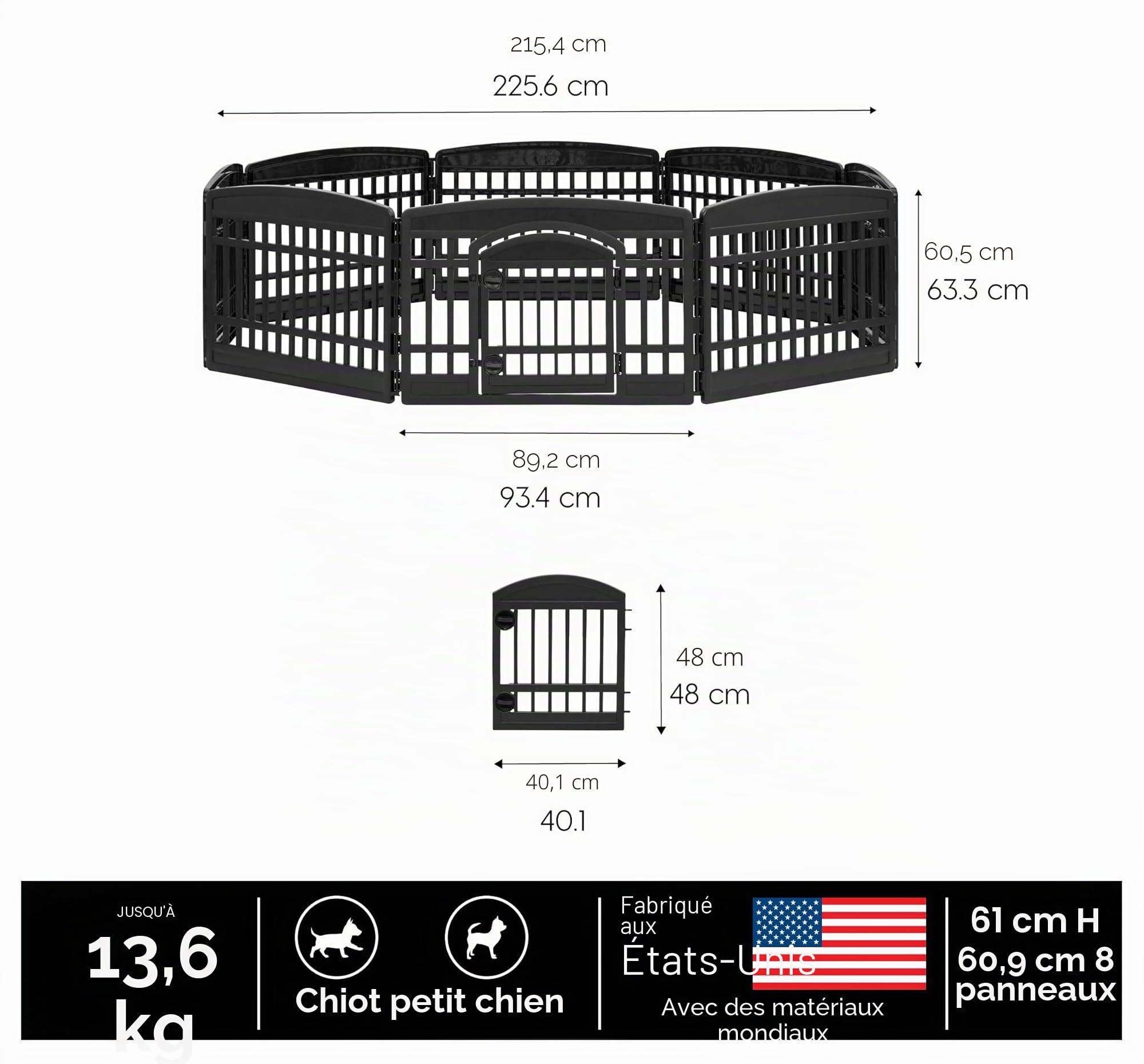 Iris Ohyama, Parc pour Chien Intérieur, Extérieur avec 8 Panneaux & Porte Verrouillable, H60cm, Noir, Cage, Enclos, Cloture pour Chiens, Chiot, Chat, Lapin, Animaux de Compagnie, Plastique, CI-608E