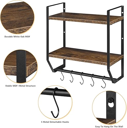 Miniatura 6 de Toallero con estante de pared de 2 niveles con ganchos para barra de toalla para baño, sala de estar, cocina, marrón