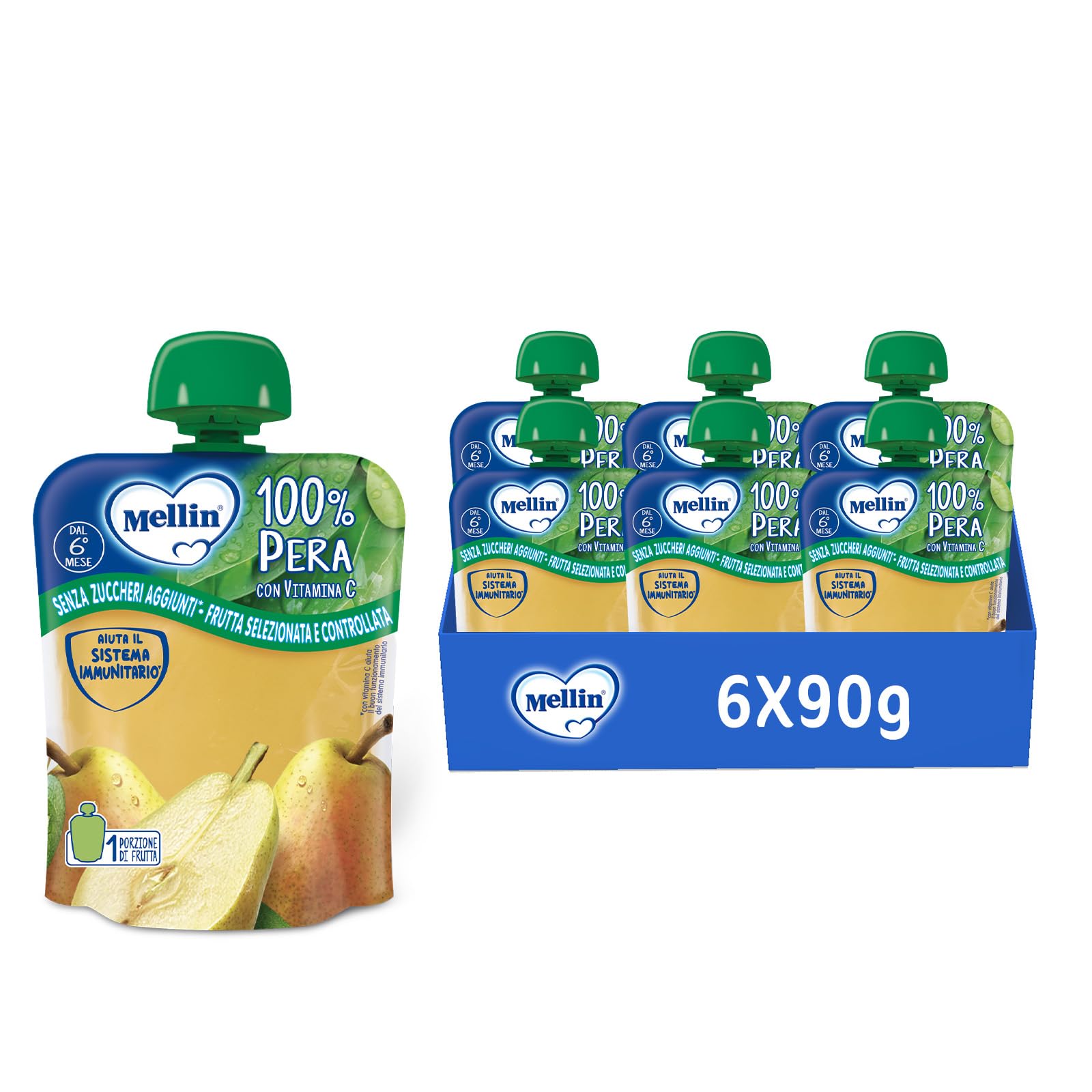 Mellin Merenda, Pera, 6x90g | 100% Frutta con Vitamina C, Indicato a partire dal 6° mese