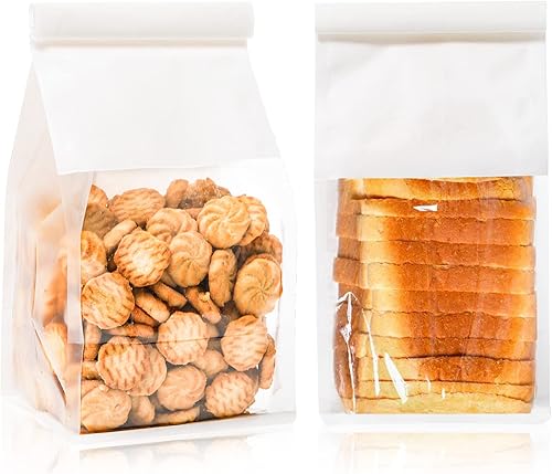 AVLA Paquete de 50 bolsas de panadería con ventana, bolsas de papel kraft blanco, bolsas de bloqueo de estaño, bolsas de galletas, bolsas de