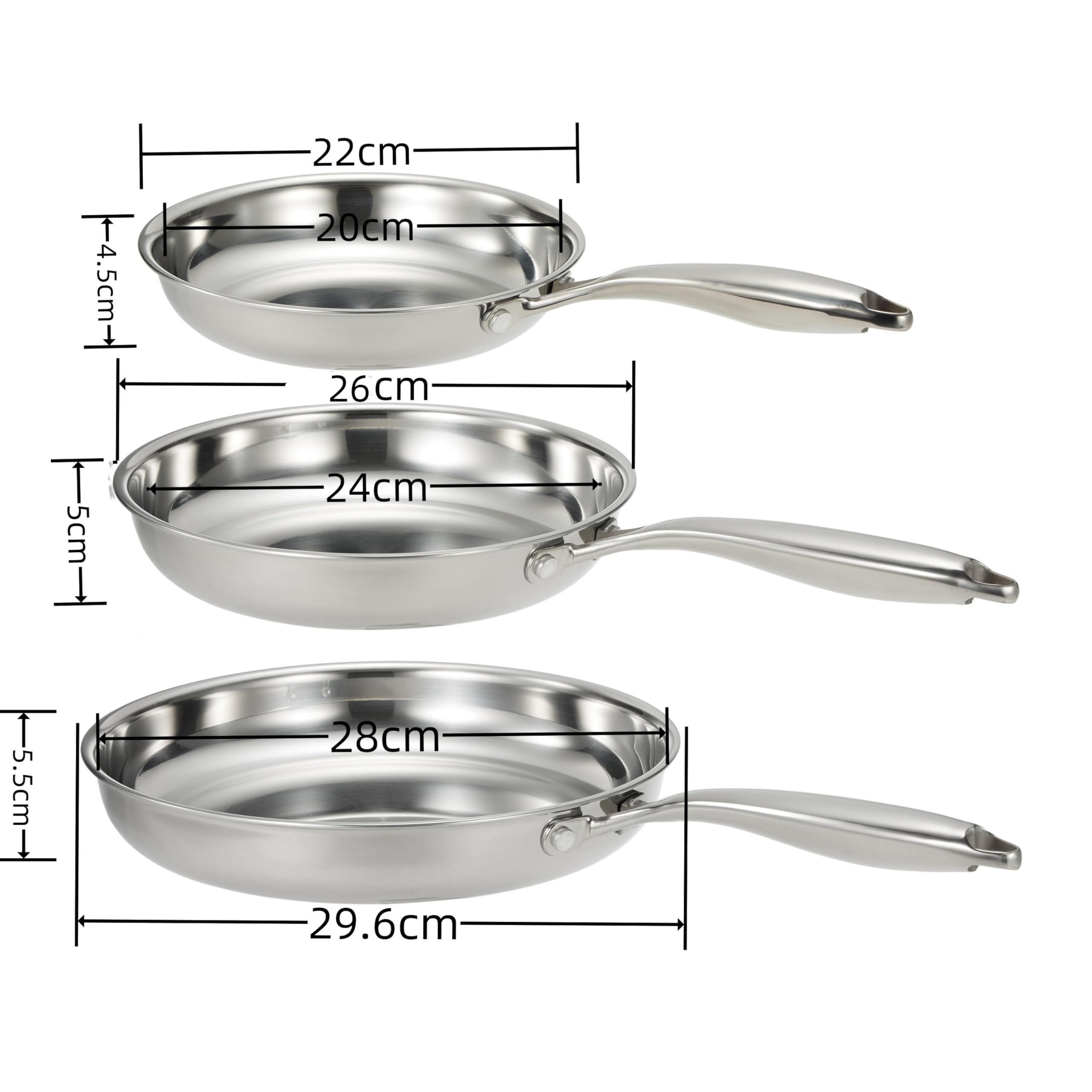 3-częściowy zestaw patelni ze stali nierdzewnej, trójwarstwowa profesjonalna stal nierdzewna, zestaw patelni, 8–10–12 cali, polerowane na wysoki połysk, indukcja, patelnie do gotowania