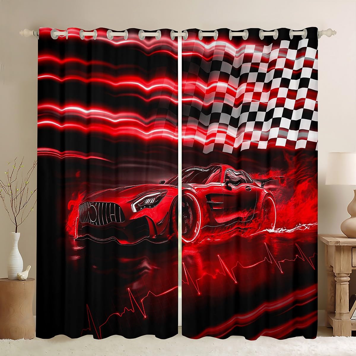 Homemissing Red Racing Car Curtains(2 Panels,W66*L90) For Kids Boys Teens Black White Flag Honeycomb Darkening Blackout Window Curtains Fast and Furious Extreme Sports Window Treatments โ image 1