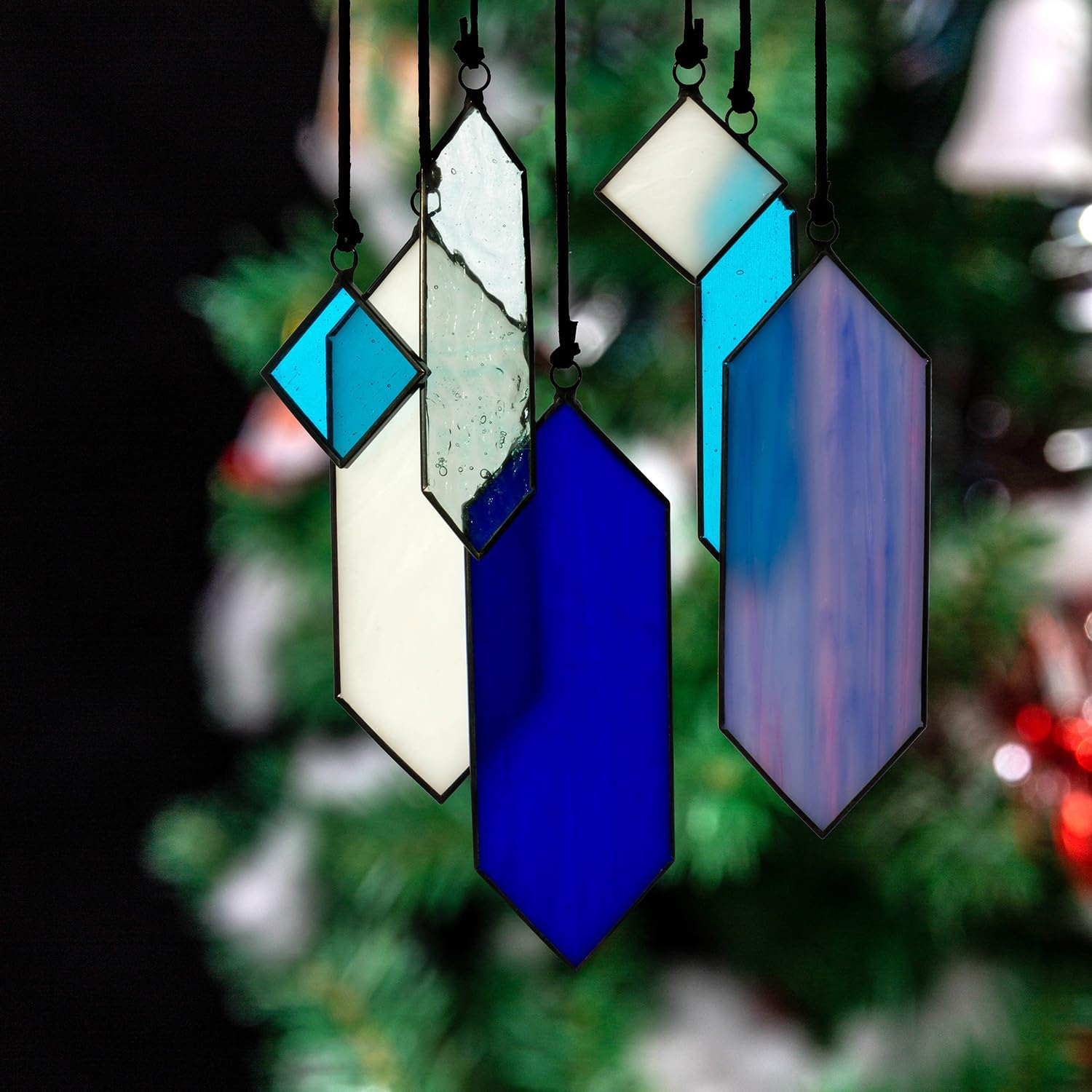 Geometric Stained Glass Suncatcher Set, Blue Purple Modern Stained Glass Window Hangings, Minimalist Abstract Glass Art Sun Catcher Hanging Ornament for Window Home Patio Wall Decor Gift