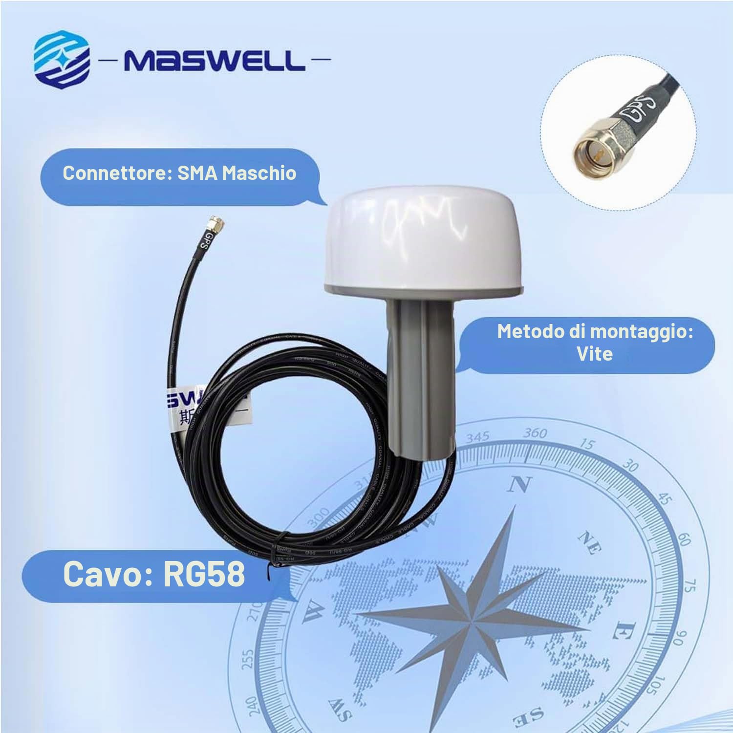 Maswell Antenna esterna GPS marino, 1575.42MHz 42±2dB, SMA con adattatore TNC BNC, compatibile con nmea 0183 Garmin GPSMAP MAP NavTalk StreetPilot Furuno Matsutec Trimble Encoder Fishfinder Echolot