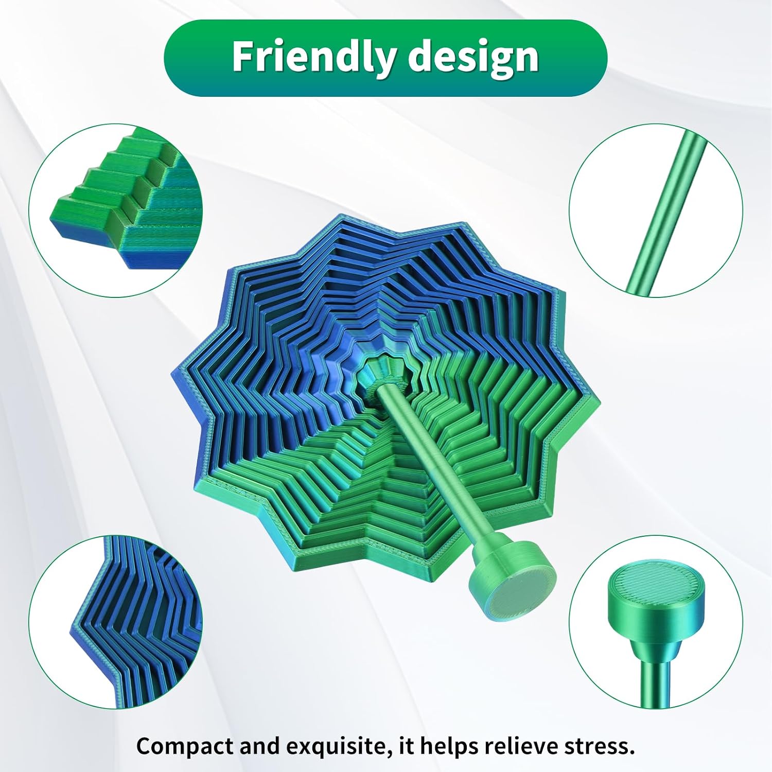 Enwokran 3D Printed Sensory Fidget Star with Detachable Handle | Dual Motion & Color-Changing Spiral - Stress Relief Desk Toy for ADHD Adults & Office (Blue Green) image 2