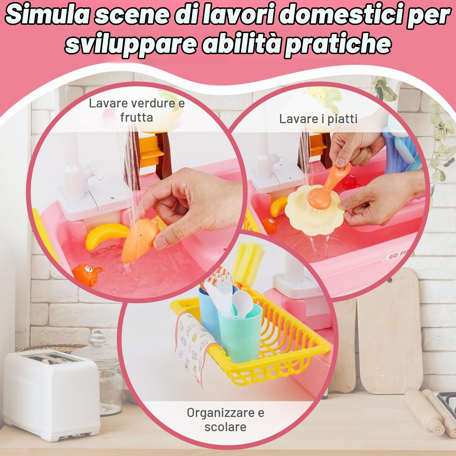 Cucina Giocattolo per Bambini,Lavandino Bambini con Acqua Vera,Rubinetto Aggiornato,Gioco di Pesca e Accessori da Cucina,set cucina bambini,Giocattoli di Ruolo per Ragazzi Ragazze 3 4 5 6(Rosa)