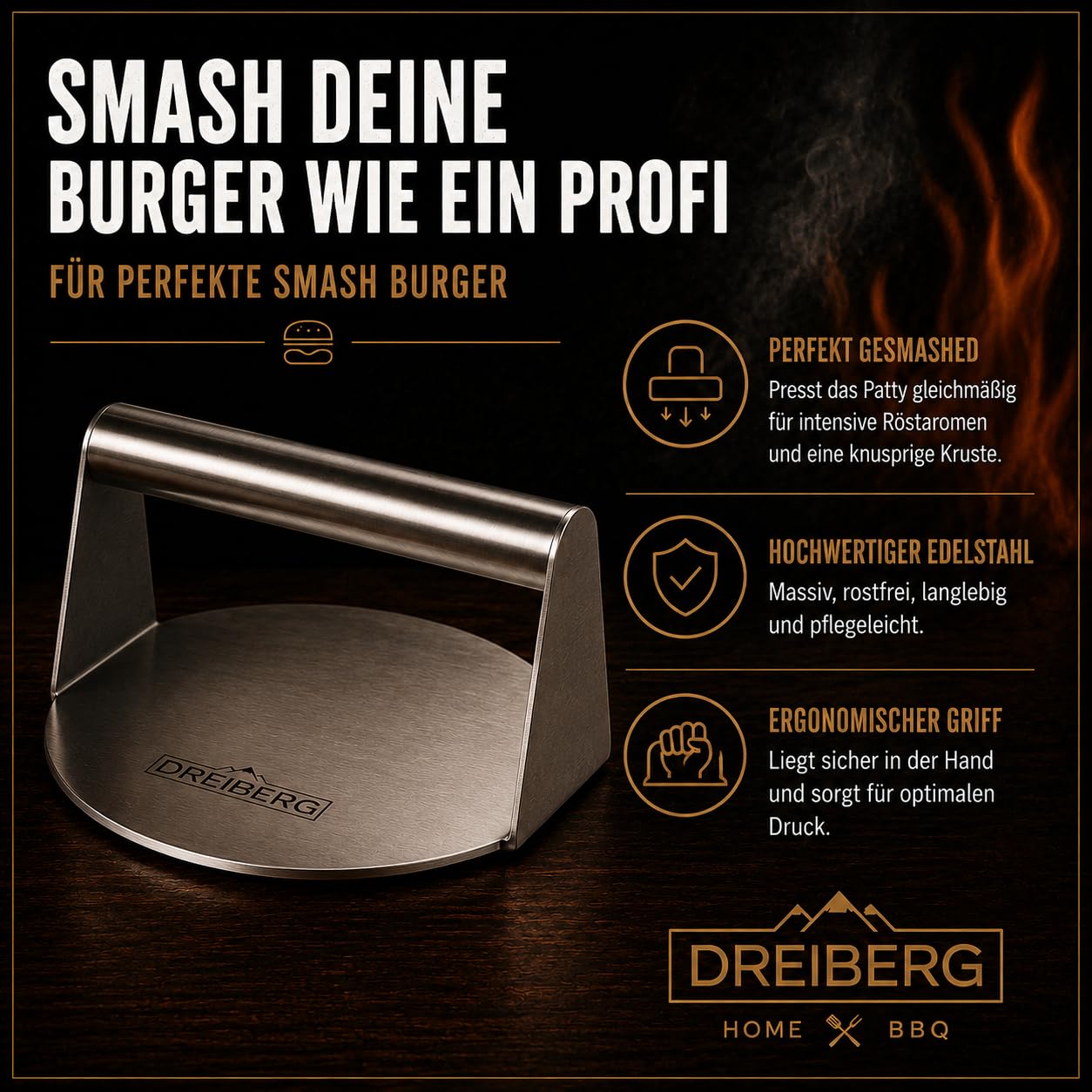 DREIBERG® Smash Hamburger Set in acciaio inox per plancha, barbecue a gas, teppanyaki con spatola per barbecue, carta hamburger, campana da scioglimento, pressa per barbecue, spargere spezie e