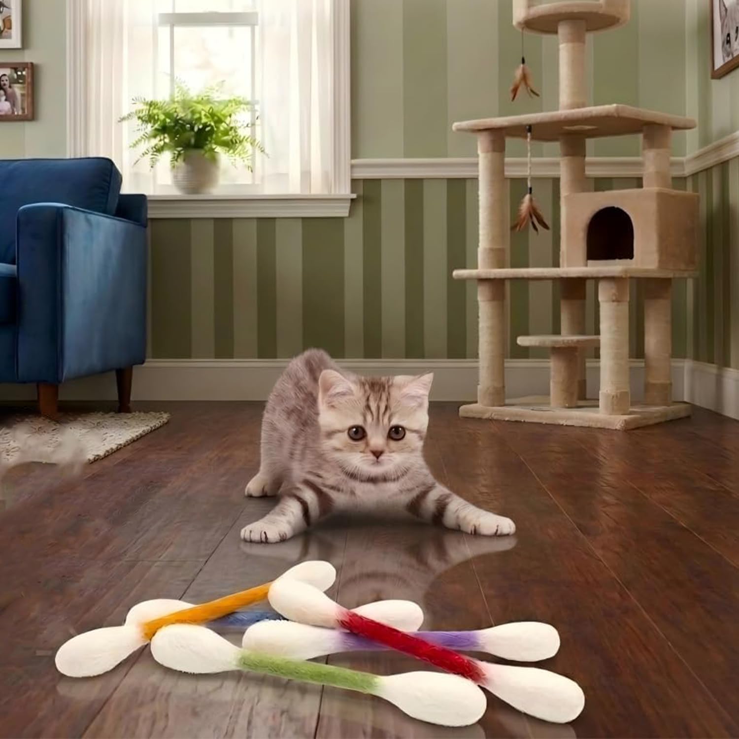 YeahBoom Zabawka dla kota patyczki bawełniane, 6 sztuk Q Tip Cat Toy z kocimiętką, interaktywne patyczki higieniczne dla kotów, urocze patyczki do żucia dla kotków, odpowiednie do zabawy i poruszania