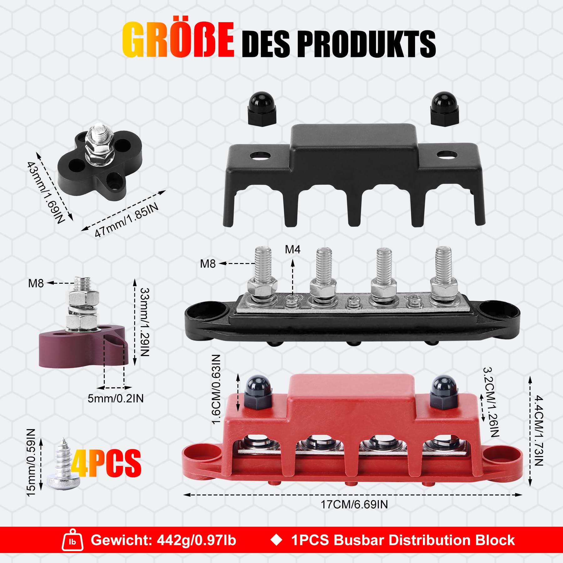 2 PCS 12V-48V DC Rail de Collecte Distributeur de Bloc 250A Busbar avec 5/16" (M8) 4-Posts Bornier avec Couvercle, Bornier Electrique avec 2x Borniers M8 pour Voiture RV Bateau (Rouge Noir)
