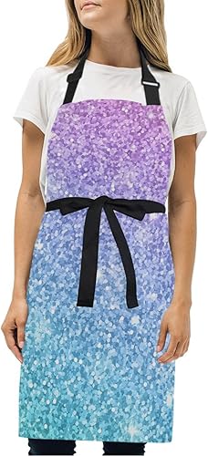 Miniatura 4 de RPLIFE Delantal de chef iridiscente con purpurina arcoíris para hombre, delantales con bolsillos para mujer, bolsillos impermeables para delantal,