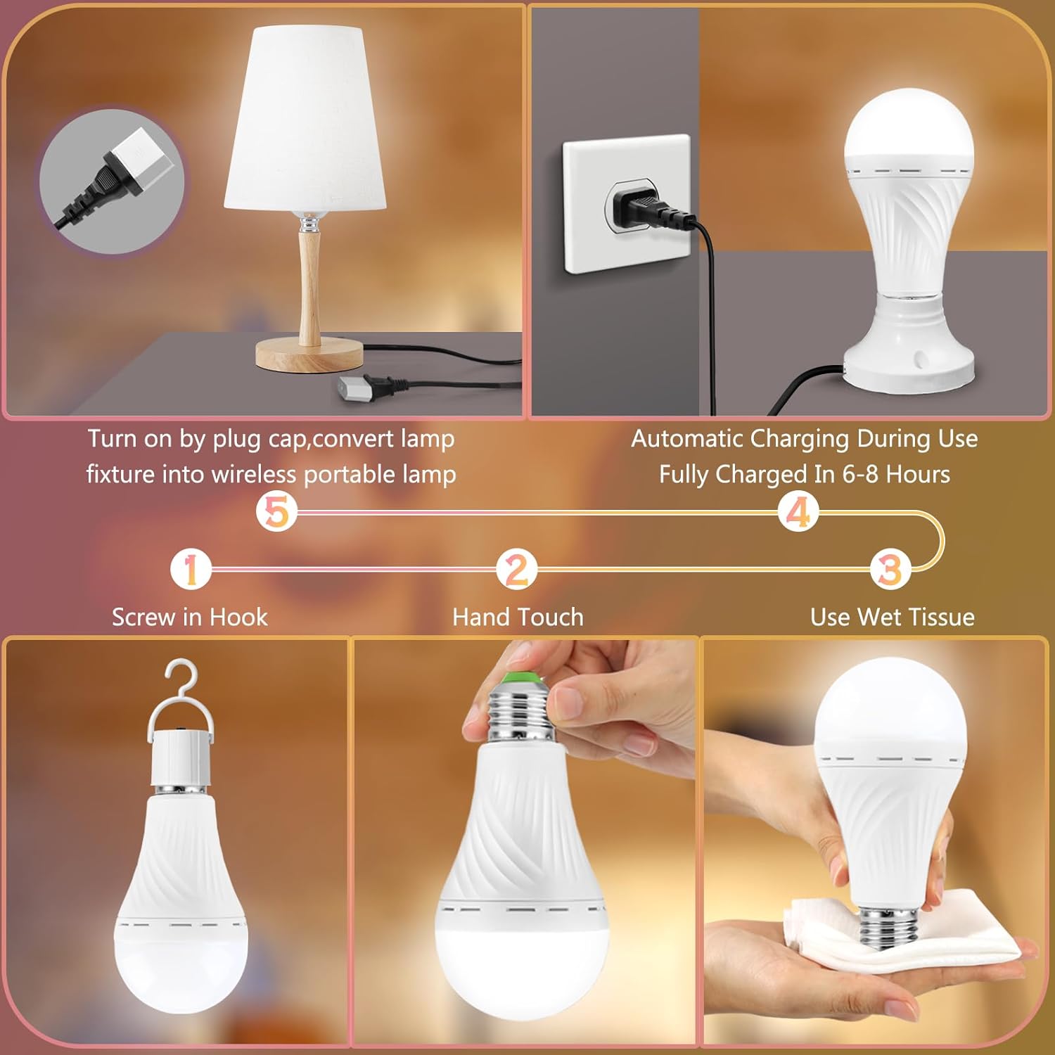 6 Pack Rechargeable Emergency Light Bulbs, Battery Powered LED Light Bulb 6000K Daylight E26 12W 60W Equivalent with 1500mAh for Home Power Outage Camping Hiking( 6 Bulbs, 6 Hooks,3 Plug Caps)