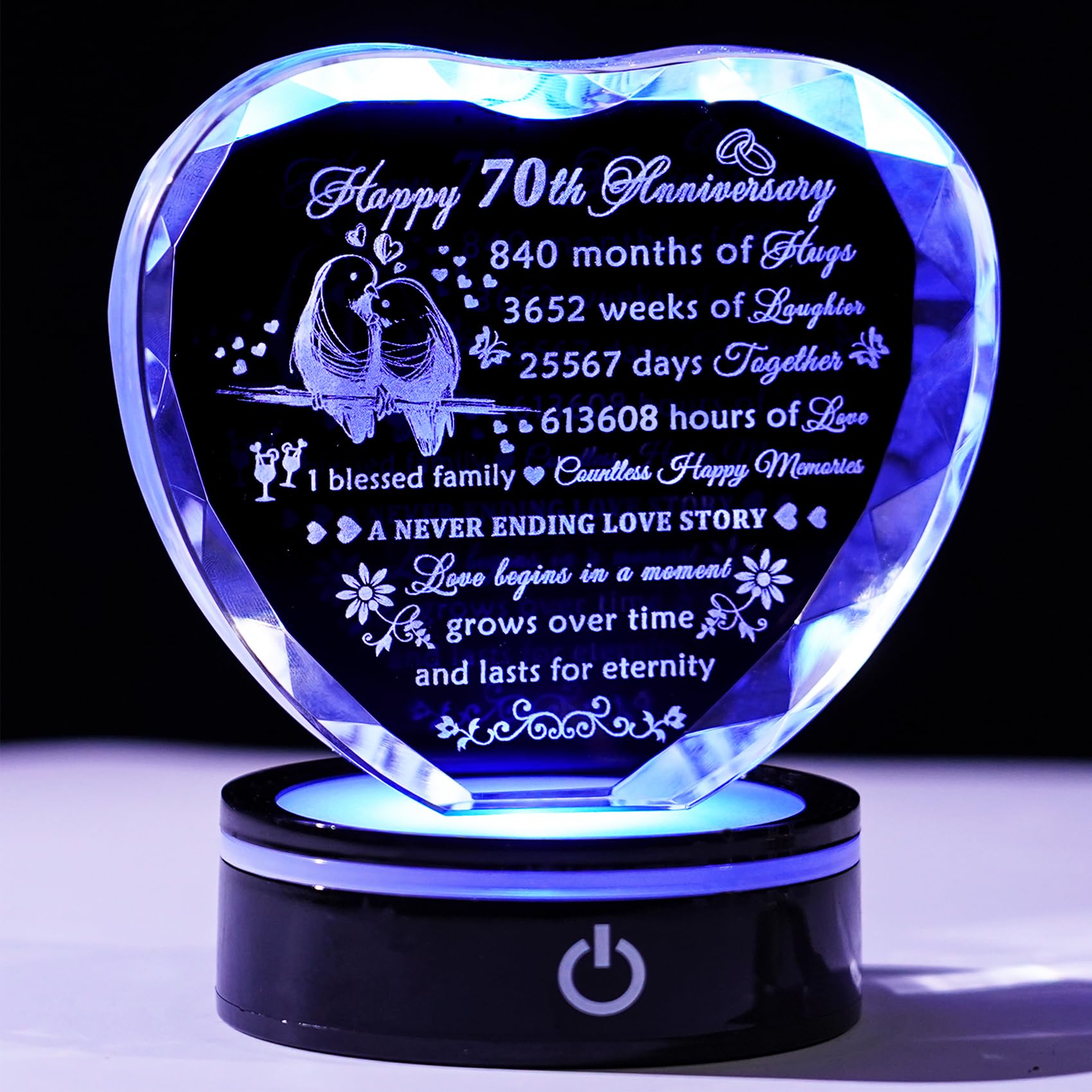 YWHL 70th Wedding Anniversary Crystal Gifts for Couple Parents with LED Base 70th Anniversary Heart Keepsake Gifts for Wife Husband Grandparents Laser