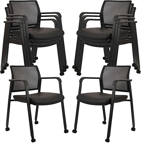 Vista 30 de CLATINA Silla de oficina apilable con ruedas, respaldo de malla, sillas de invitados con brazos, cómodo cojín de cuero, silla de escritorio apilable