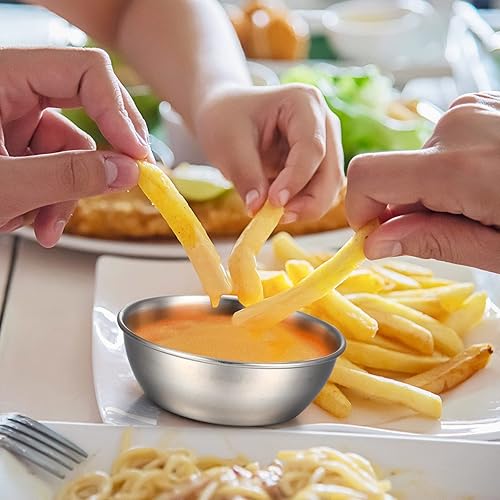 Miniatura 7 de Tanlade 50 cuencos de metal redondos de acero inoxidable para condimentos, mini platillos, platos pequeños para sushi, platos de preparación de