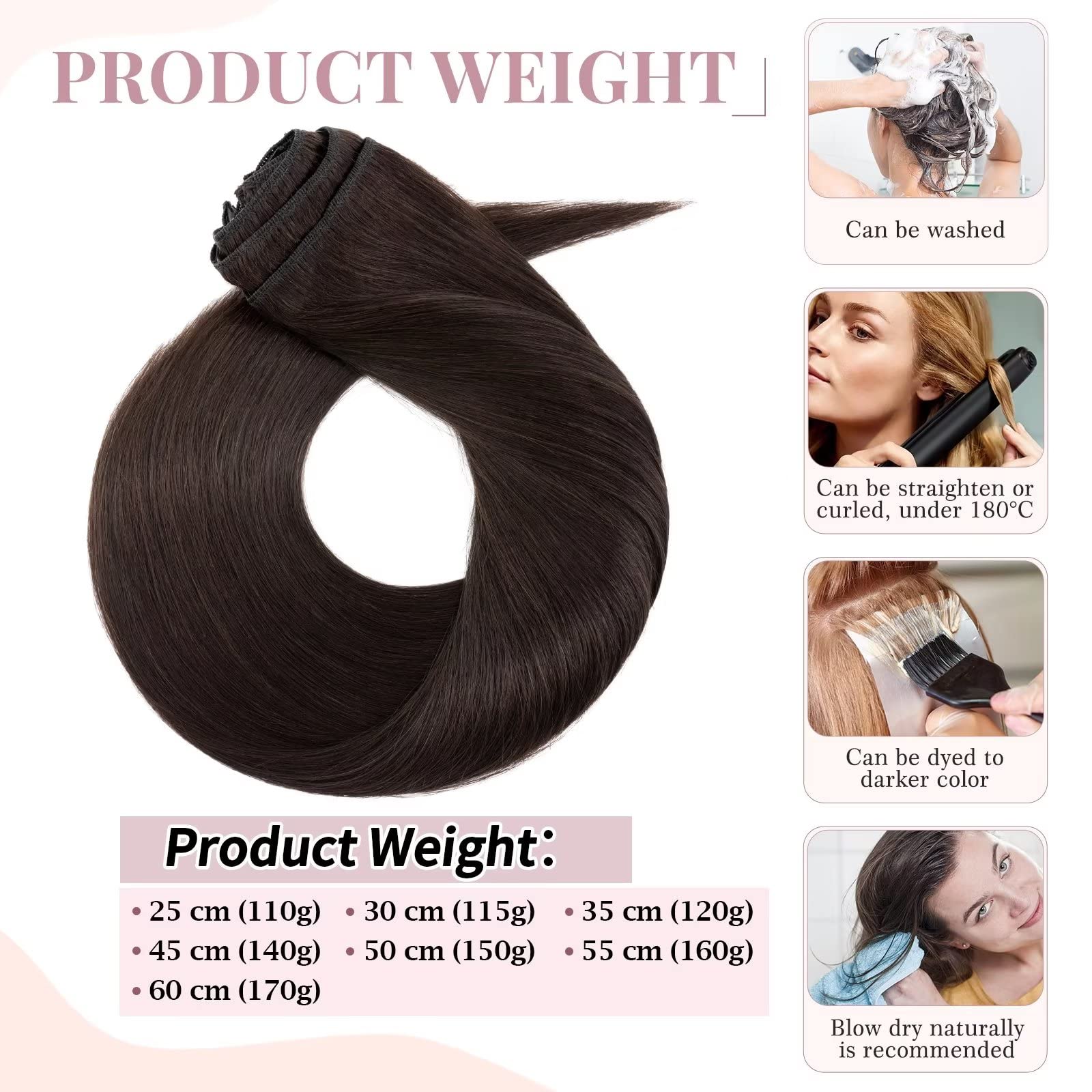 TESS Clip in Extensions Echthaar Braun 55 cm, Remy Hair 8 Tressen Hair Extensions Clip in Glatt 160g Extensions Clip in Lang Haarverlängerung Doppelt Tressen (55 cm-#02-Braun)
