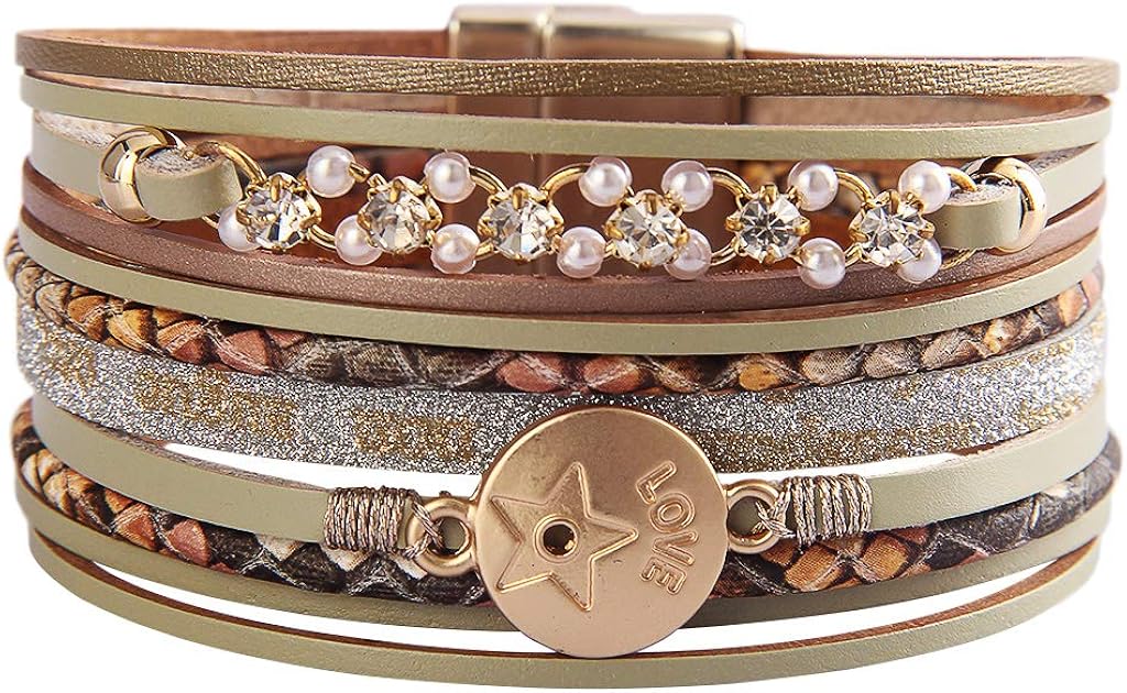 AZORA Leather Cuff Bracelet for Women Pearl Love Metal Coin Leather Band Multi Strand Boho Wrap Bracelets Jewelry Gift for Mum Daughter Girls: Clothing, Shoes & Jewelry