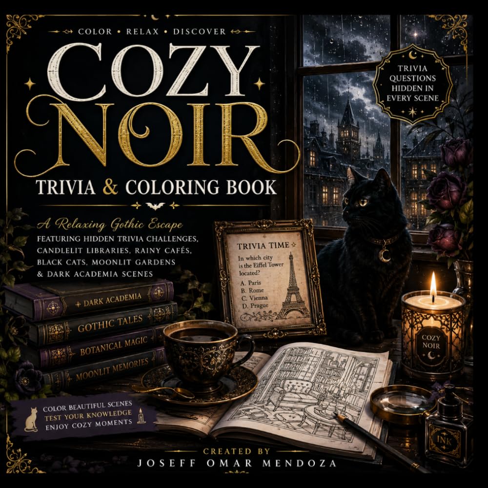 Cozy Noir: Trivia & Coloring Book: A Relaxing Gothic Escape Featuring Hidden Trivia Challenges, Candlelit Libraries, Rainy Cafés, Black Cats, Moonlit Gardens & Dark Academia Scenes