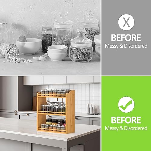 Miniatura 2 de Organizador de especias de bambú, estante de 3 niveles para tarros de especias para encimera de cocina o montaje en pared