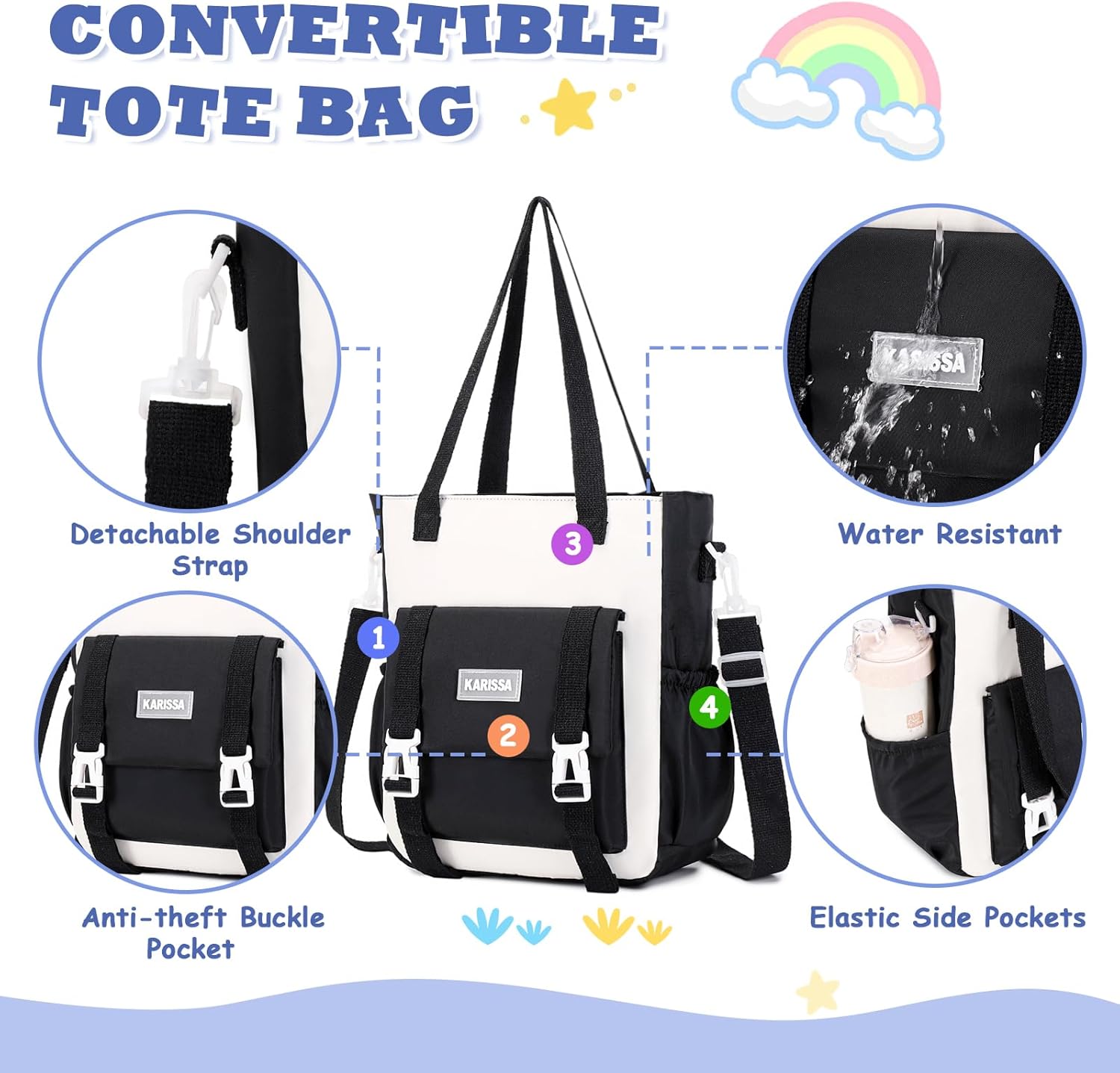 Kawaii Girls Backpack for School with Convertible Shoulder Tote Bag，Cute Teenage Multiple Pockets Backpack for Primary Elementary High School, Black 3 Pcs Set - Image 4