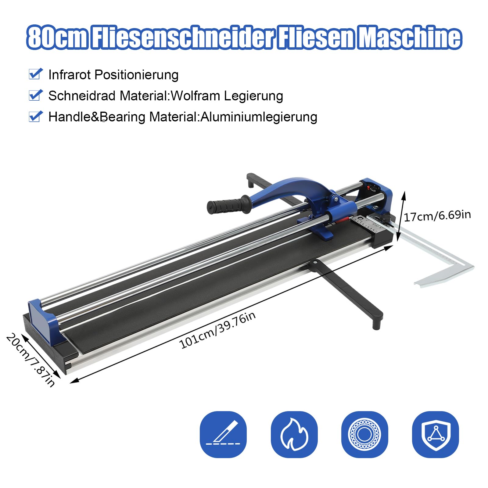 Cortador manual de azulejos de 800 mm de longitud de corte – Cortador de azulejos para azulejos de pared y suelo – con láser de precisión y doble riel – Rueda de corte de carburo de tungsteno máx. 15