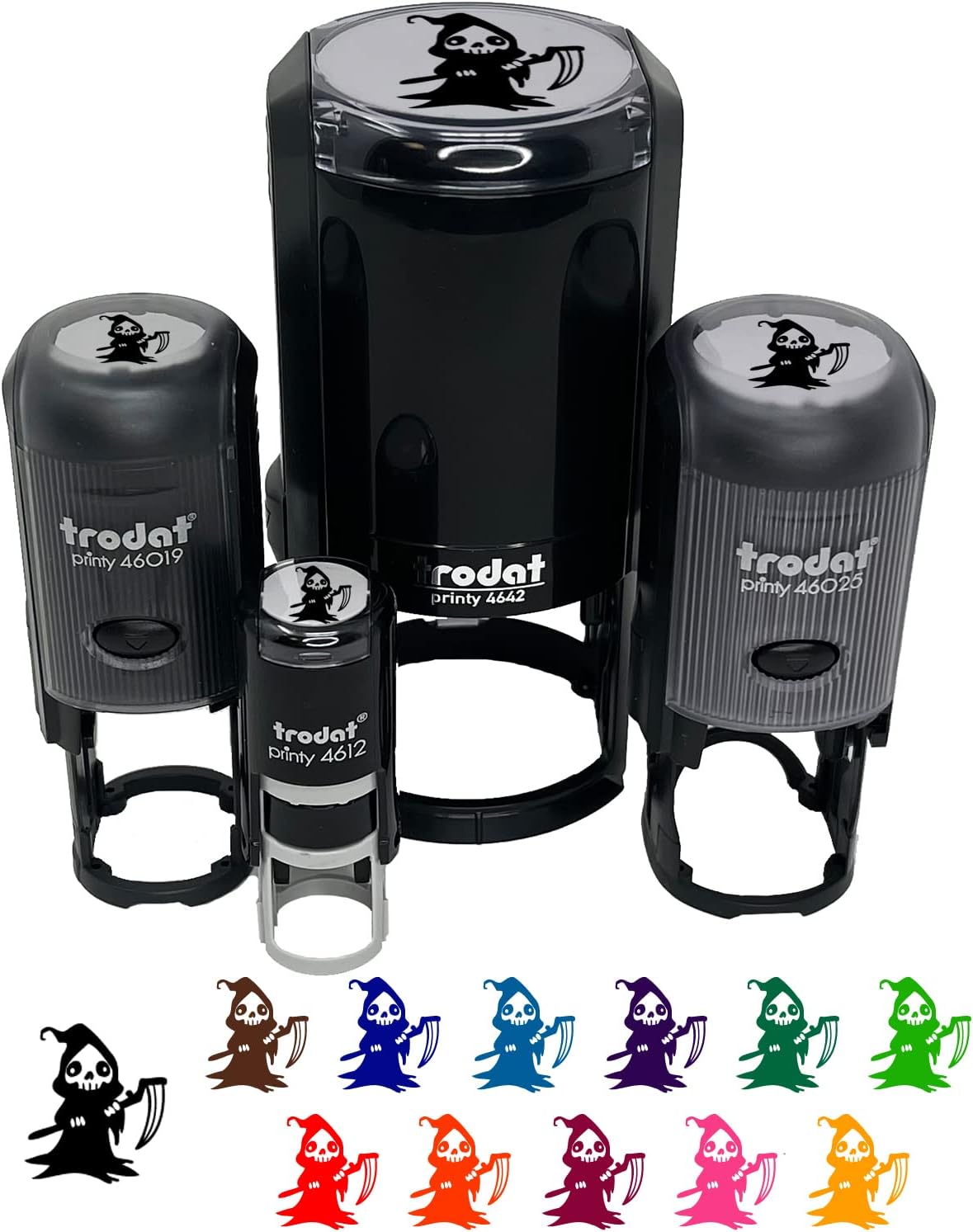 Creepy Spooky Skeleton Grim Reaper with Scythe Horror Self-Inking Rubber Stamp Ink Stamper for Stamping Crafting Planners - 1-1/2 Inch Large - Red Ink