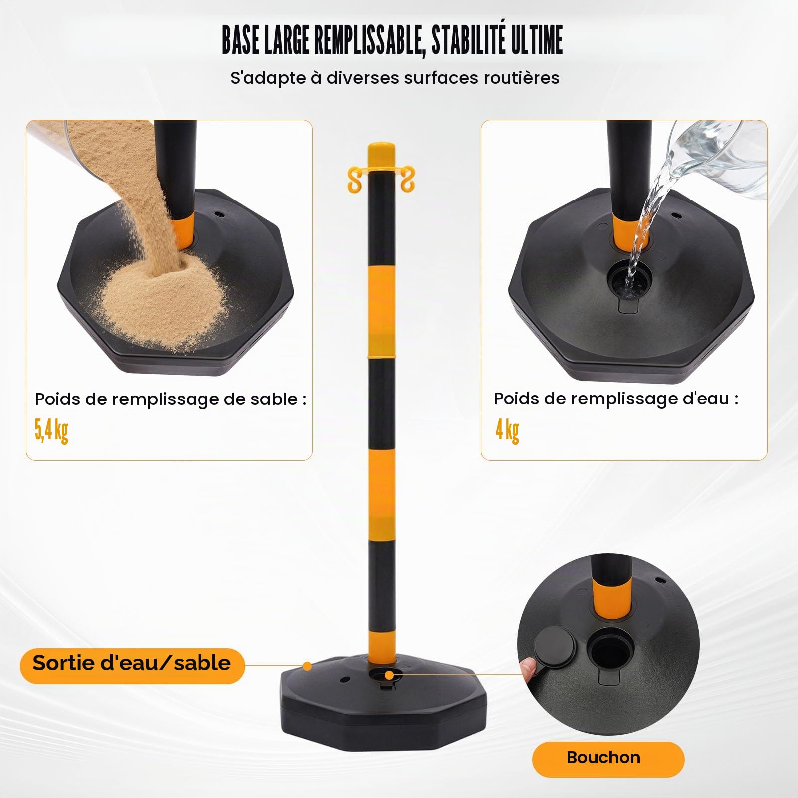 Lot de 6 poteaux de barrière en plastique avec 5 chaînes de barrière de 6,5 m, poteaux de blocage avec support, pour avertissement de contrôle de la circulation, jaune et noir