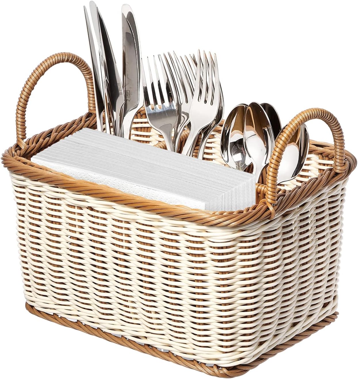 Hemoton Wicker Divided Storage Basket Silverware Woven Basket, Storage Organizer, Utensil Holder, Forks, Spoons, Napkins, for Desk Supplies, Pens, Staples