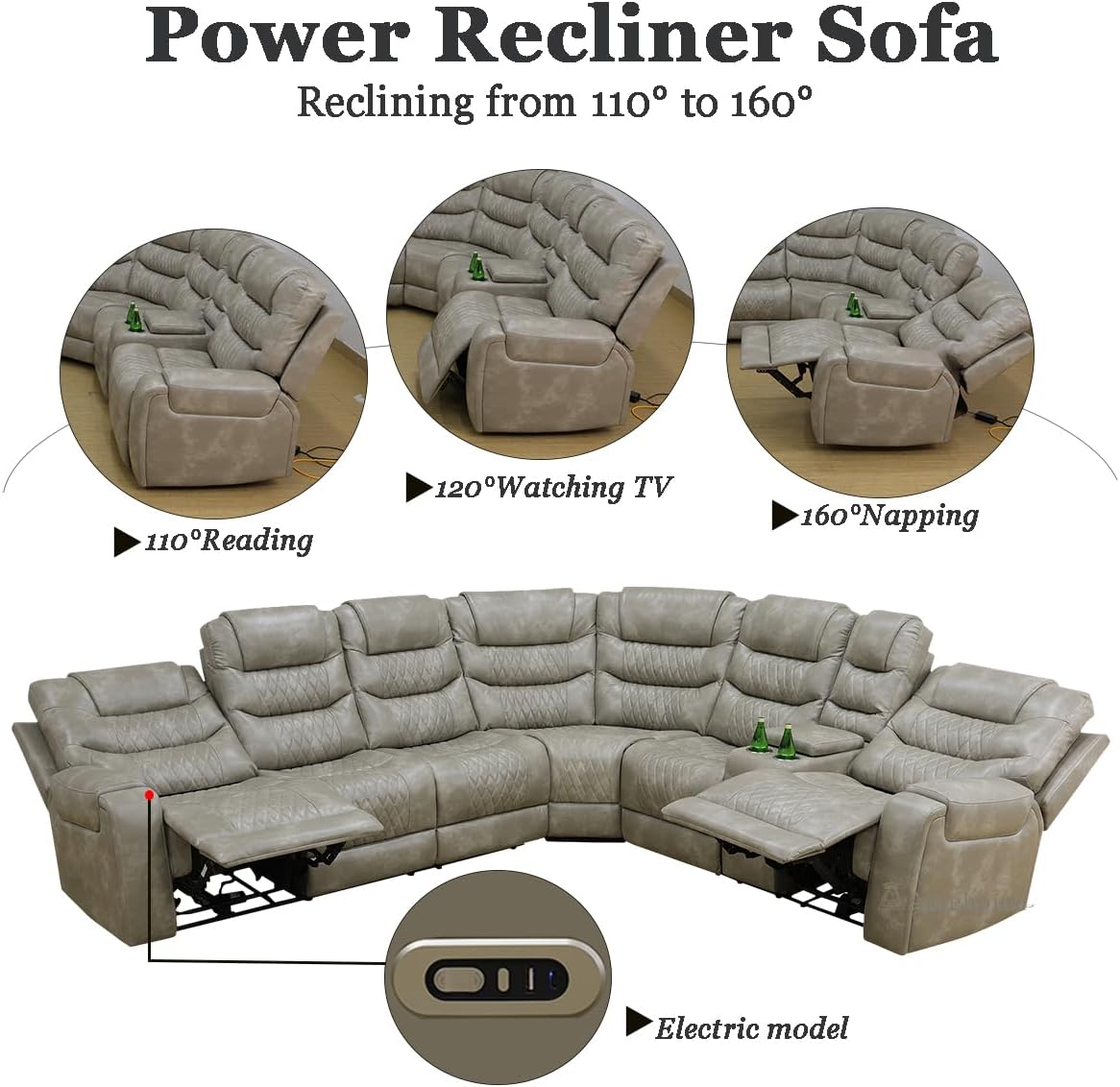 A Ainehome Power Recliner Sofa Sectional Sofa with LED Light for Living Room, Grey Leather Reclining Corner Sectional Couches Set with 2 Recliner Seats, Cup Holder, Storage Console for Home