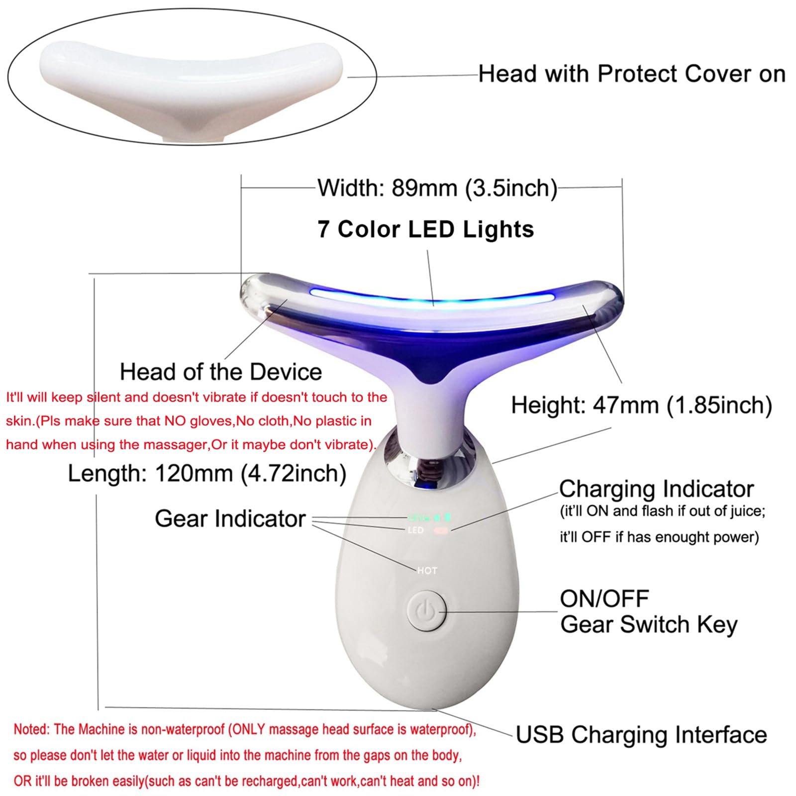 Face Neck Massager with 7-Color Light Modes for Skin Care,Tightening,Smoothness - Red LED Light Therapy Device Triple-Action Beauty Tool