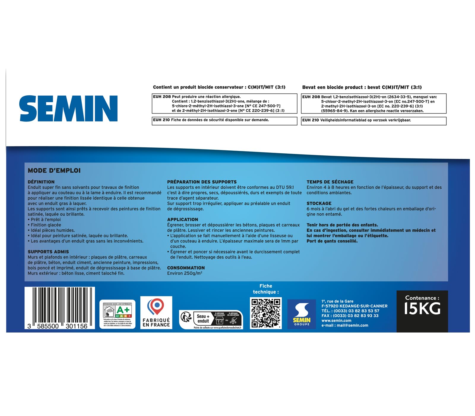 Enduit de Finition Extra Fin Semin Oscar, Prêt à l'Emploi, Intérieur/Extérieur, seau 15 kg