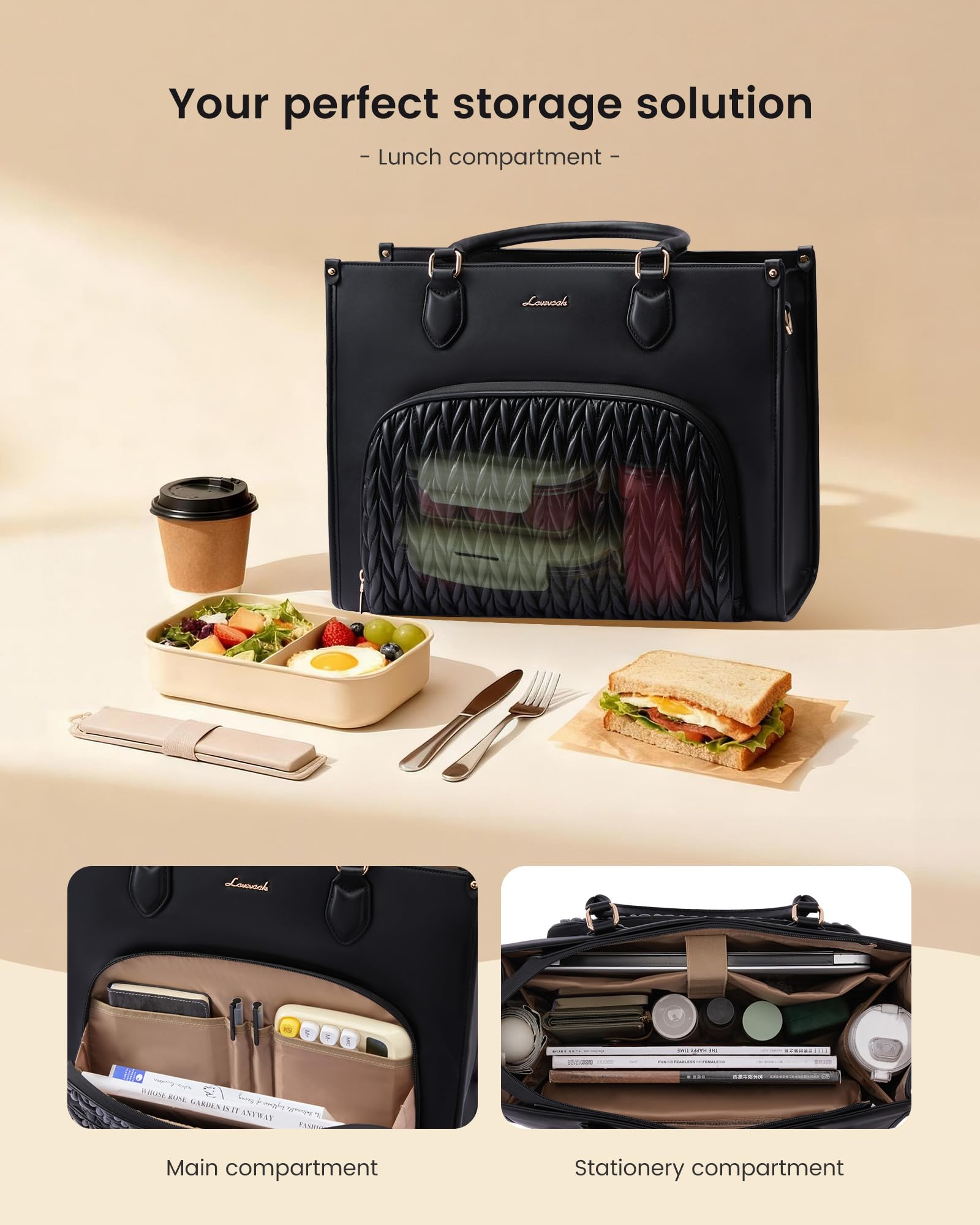 LOVEVOOK Borsa da lavoro da donna con scomparto frigo isolato, borsa media, 15,6 pollici, in pelle, grande borsa per insegnanti, borsa per il pranzo, per scuola, università, ufficio, business