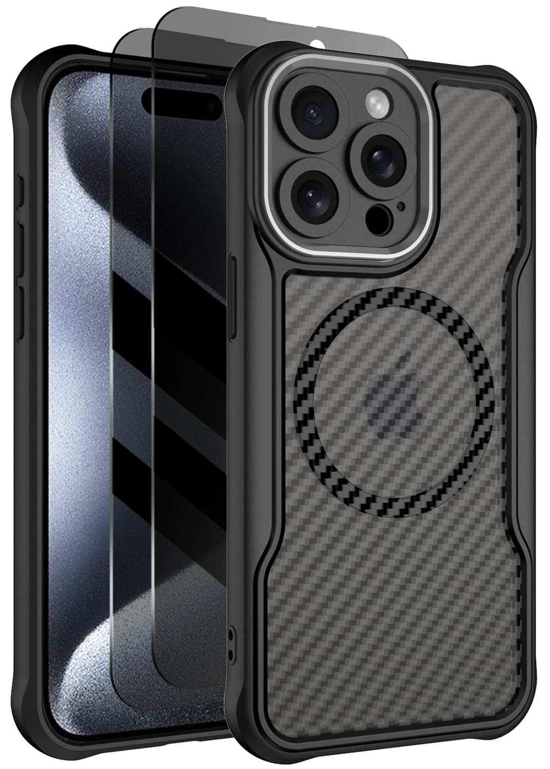 for iPhone 15 Pro Case with Privacy Screen Protectors, Magnetic MagSafe Accessories Compatible, Full Covered Camera Protection, Slim & Rugged Carbon Fiber Phone Case, Black