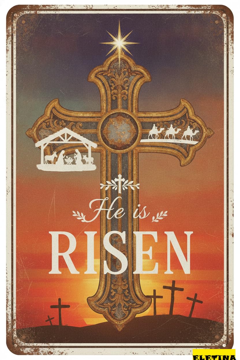 He Is Risen Easter Bible Verse Nativity Scene Cross Vintage Metal Tin Sign Religious Wall Art Porch 8x12in