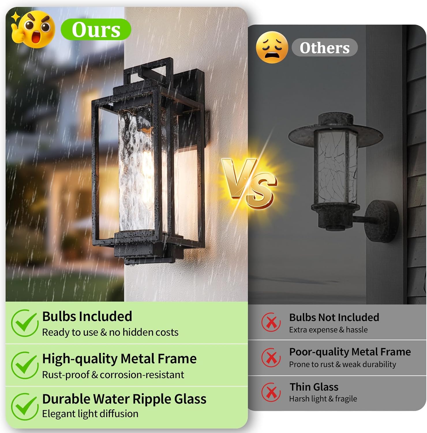 BesLowe 2-Pack Modern Outdoor Wall Lights with 2 LED Bulbs, 15’’ Exterior Lighting Fixtures Wall Mount with Water Ripple Glass, Black Porch Lights Outdoor Wall Sconces, Outside Lights for House Garage